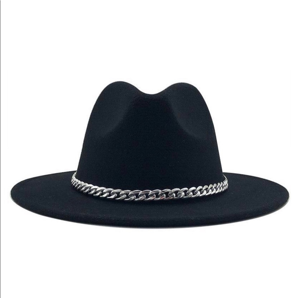 CHAIN ME Black Fedora Embellished Chain Detail Hat - NEW